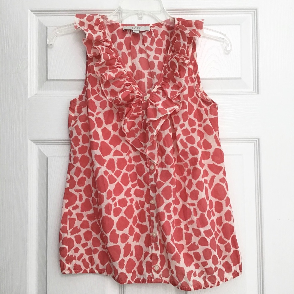 LOFT Giraffe Print Sleeveless Blouse Ruffles coral and creamy white women Small